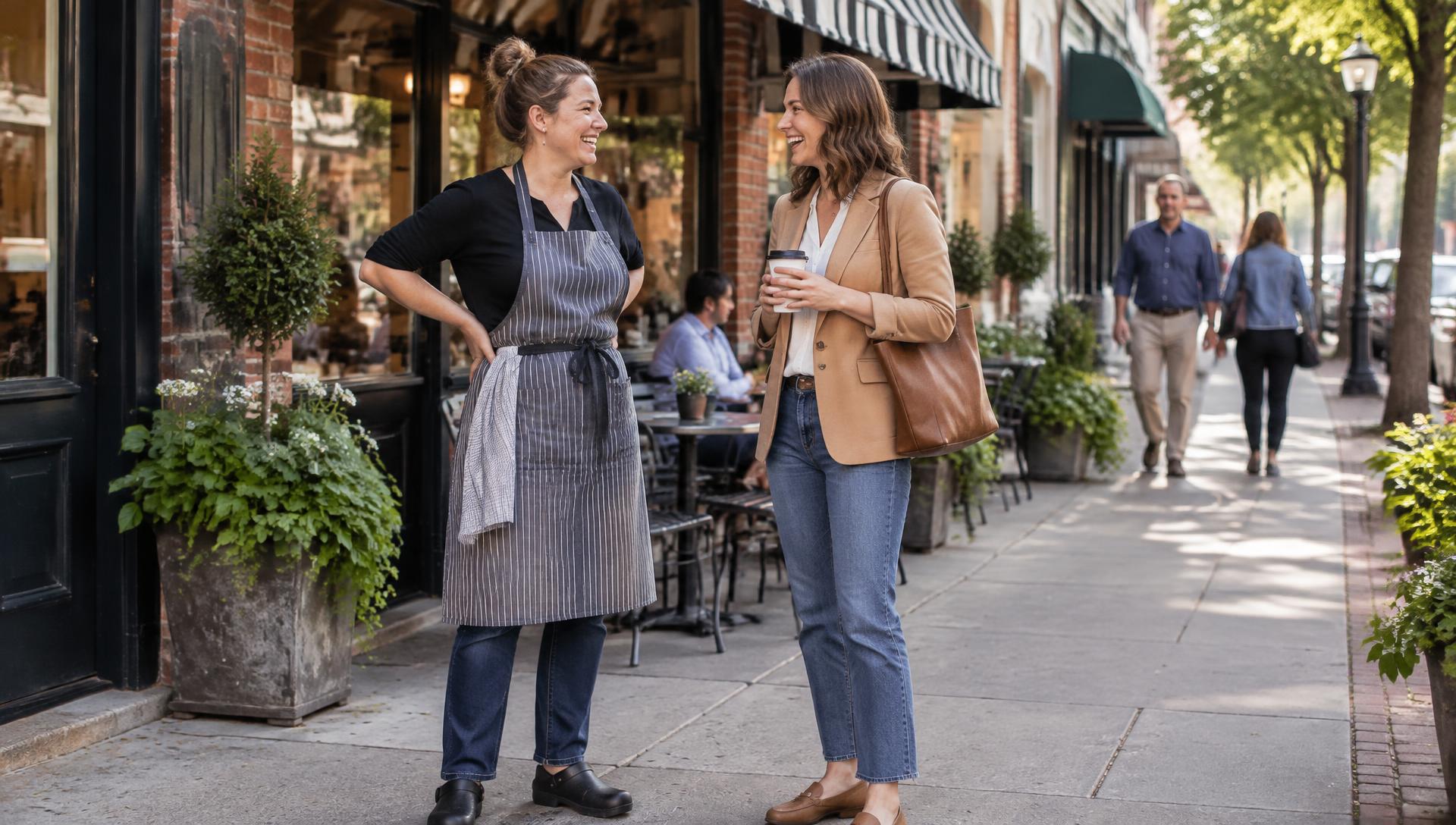 A café owner in a striped apron laughing with a professional woman holding a coffee cup on a brick-fronted neighborhood sidewalk