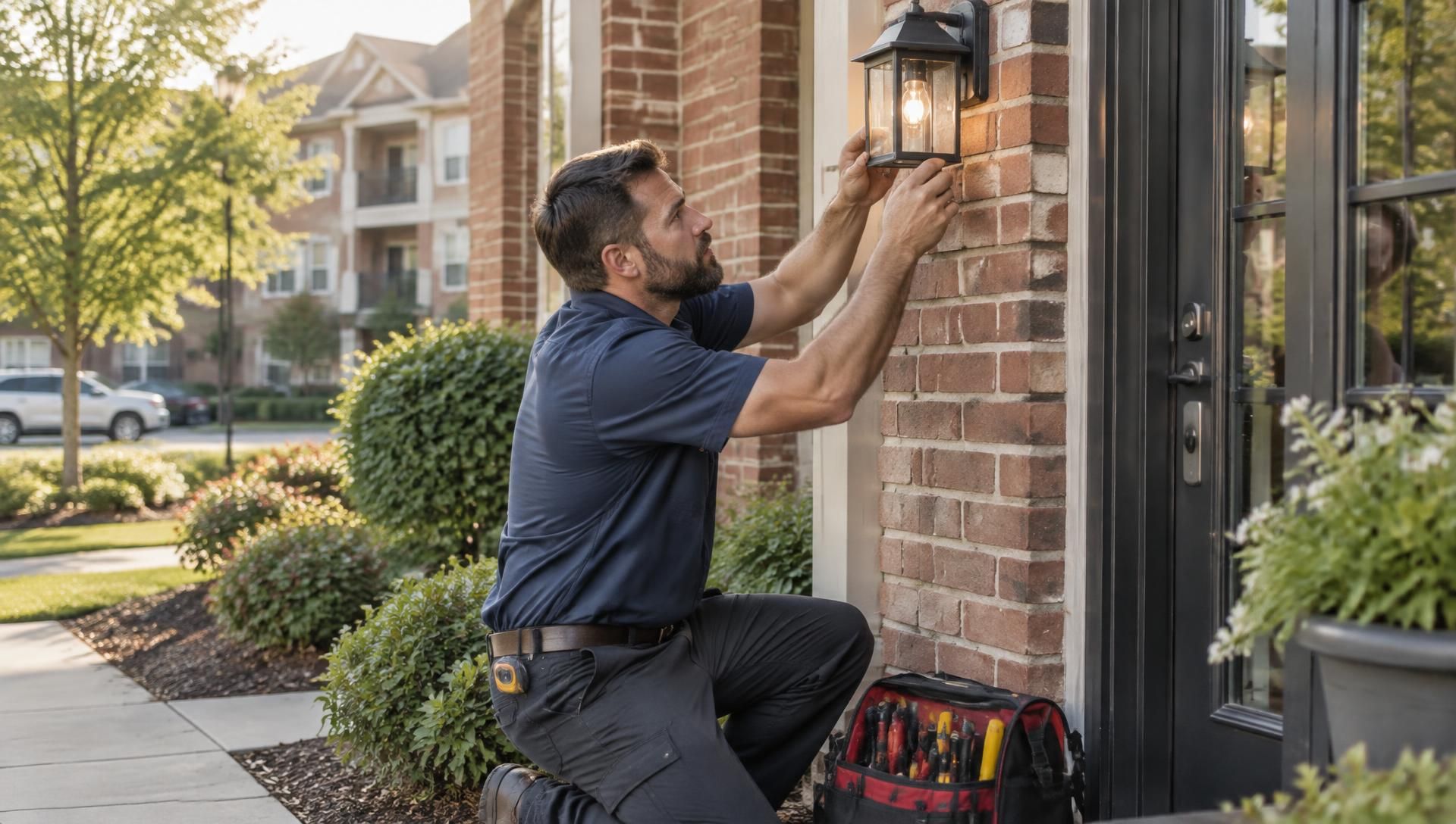 A maintenance technician carefully adjusting an exterior light fixture beside a brick apartment entrance