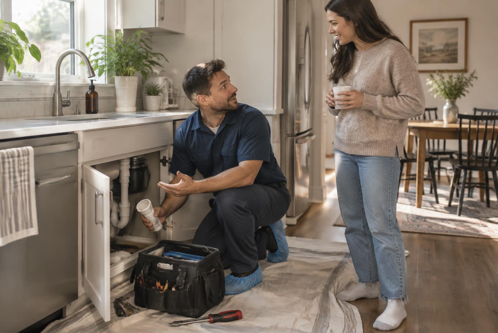 A maintenance technician wearing shoe covers kneels at an open sink cabinet and explains the repair to a resident holding a mug