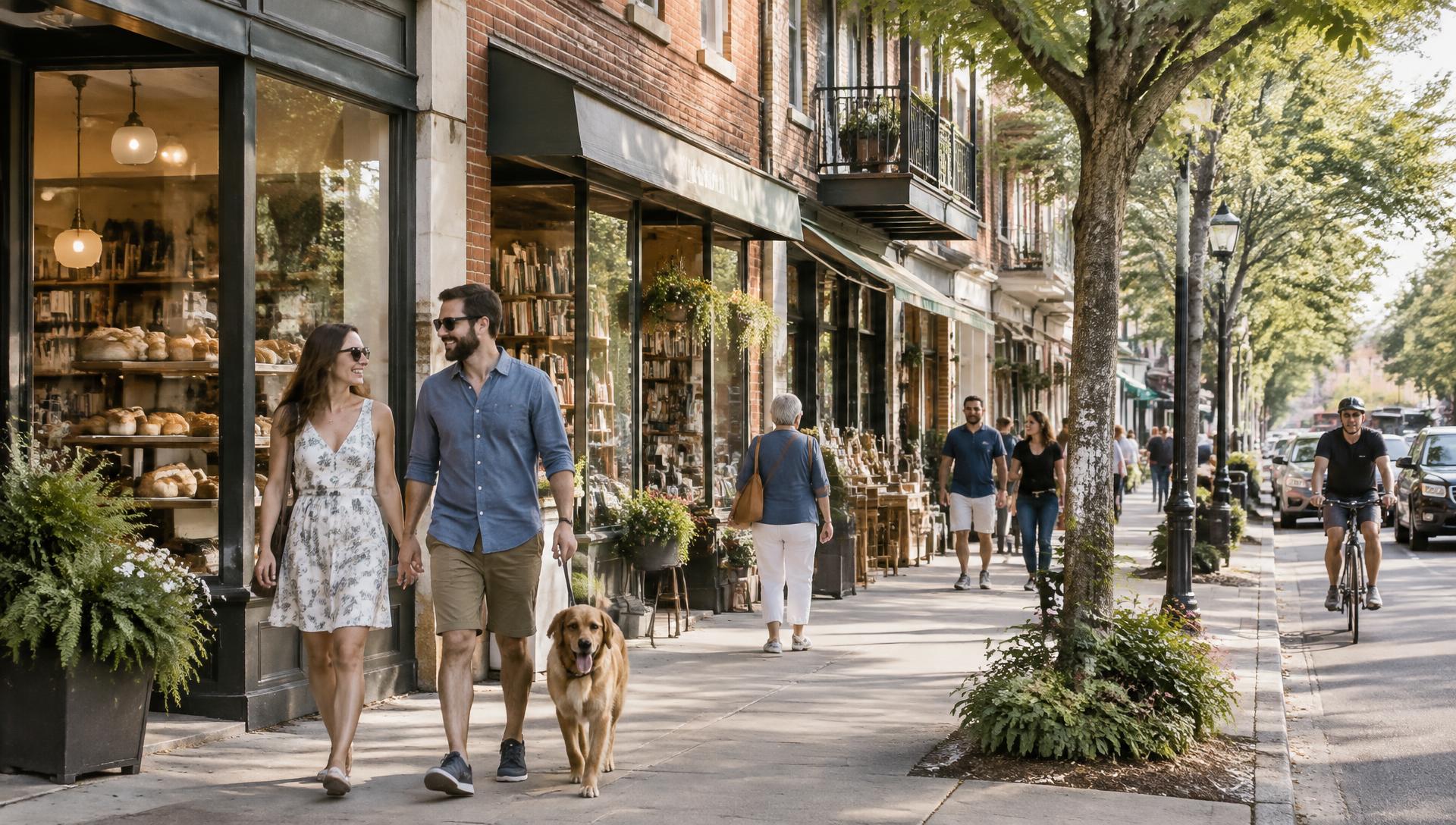 A couple walking a golden retriever past a bakery and bookshop on a lively tree-lined neighborhood business street