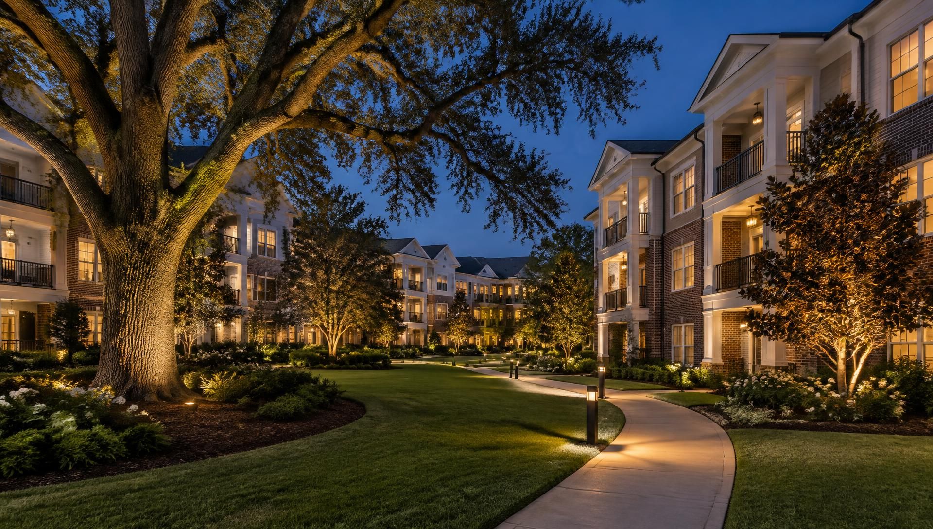 A garden-style apartment community at blue hour with uplit oaks and magnolias, glowing windows and a lit curving walkway