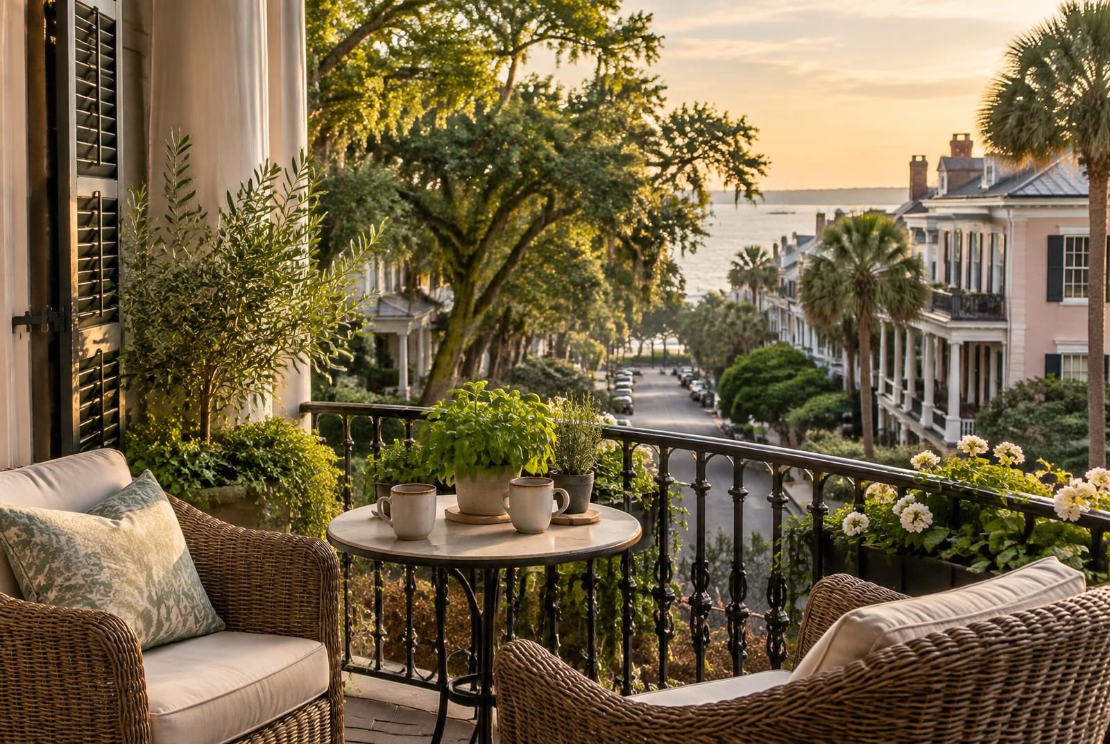 An apartment balcony with wicker chairs, coffee cups and potted herbs overlooking a tree-lined neighborhood street