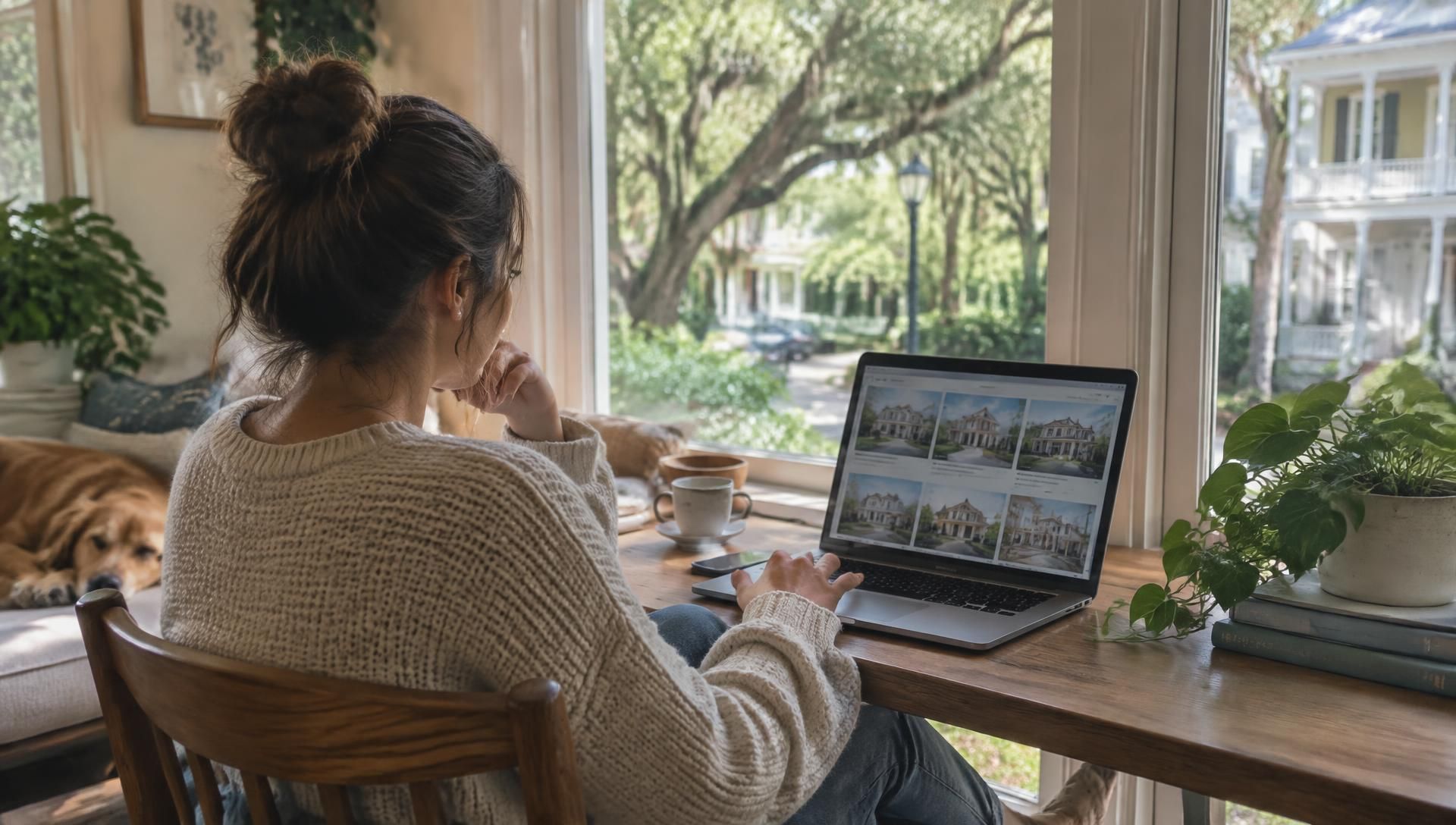 A woman at a window desk reviewing apartment options on a laptop, with a tree-lined neighborhood outside