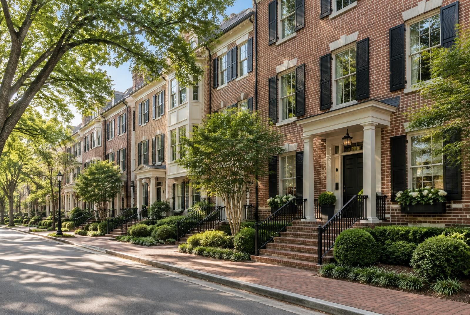 A quiet tree-shaded street lined with brick townhome-style apartments with front stoops and black railings