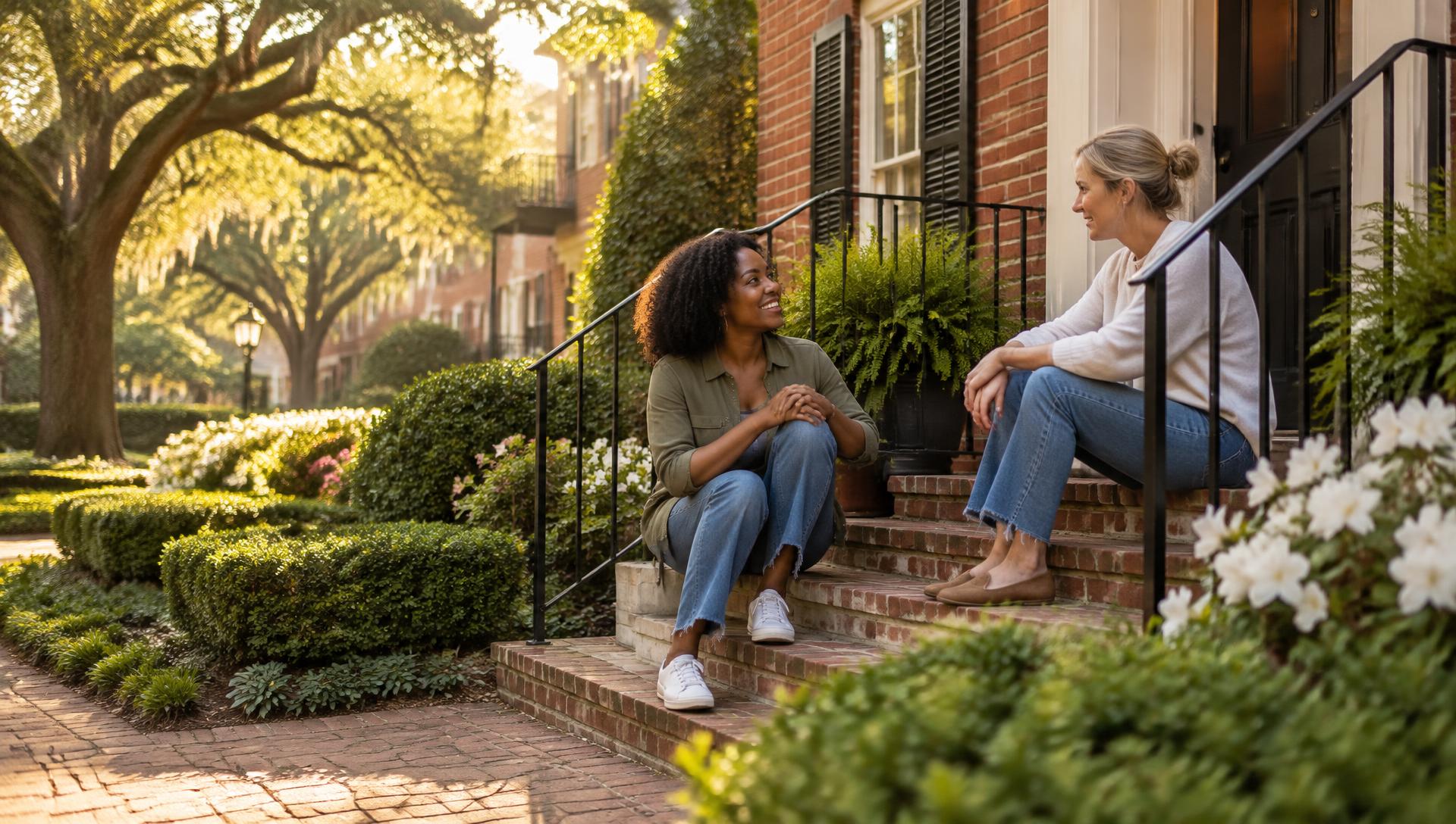 Two neighbors sitting on the brick front steps of a garden-style apartment building, talking and smiling in late-afternoon light beneath mature oaks