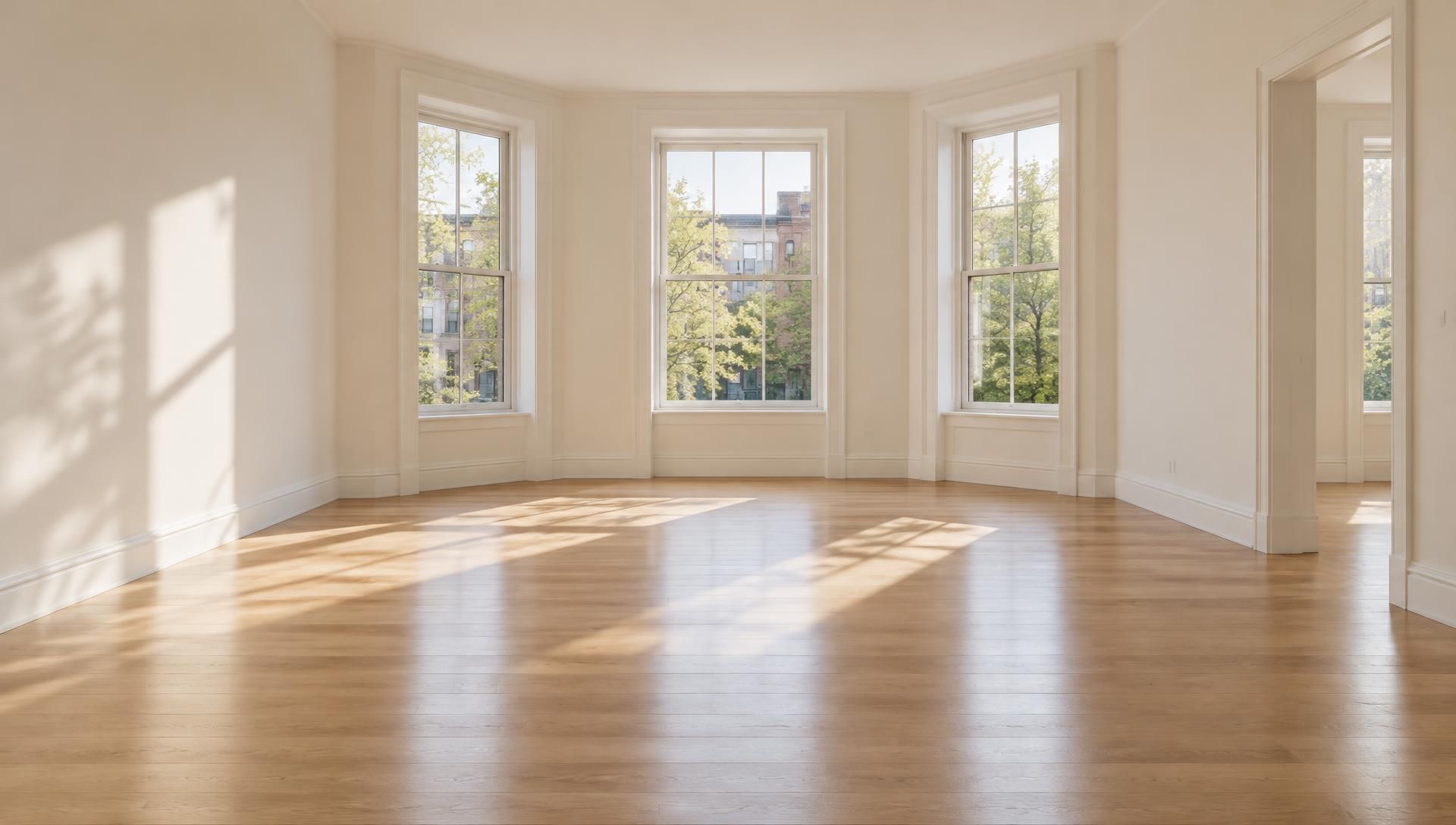 A sunlit, empty apartment living room with tall windows and polished wood floors