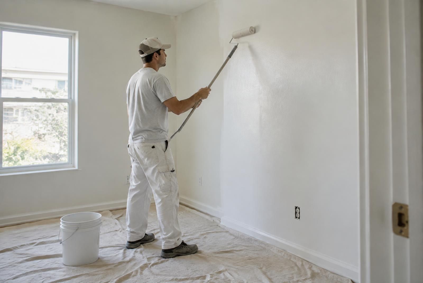 A painter rolling fresh white paint onto a wall in an empty apartment during make-ready work