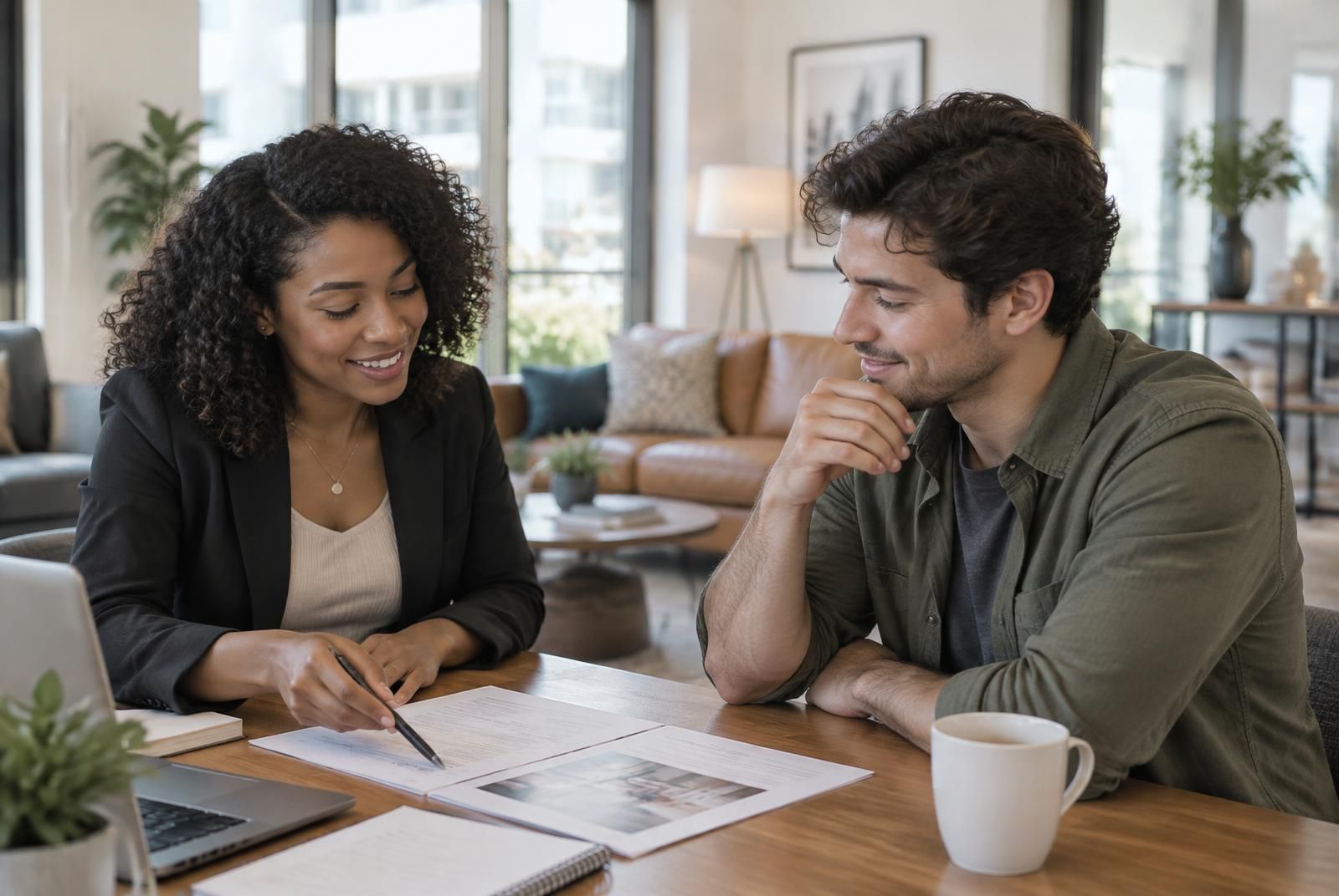 A leasing professional and a prospective renter reviewing information together at a table
