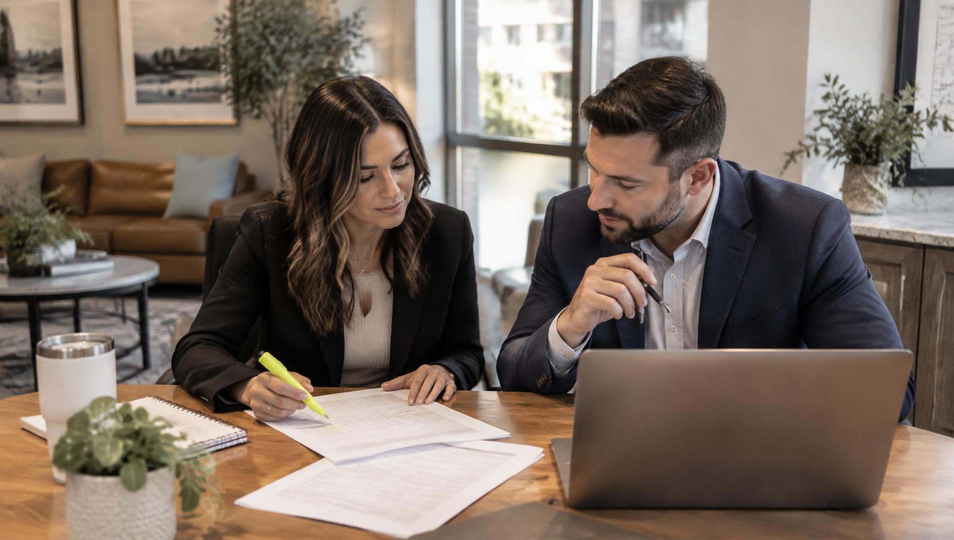 A property manager and a regional manager reviewing a printed lease report with a highlighter beside an open laptop